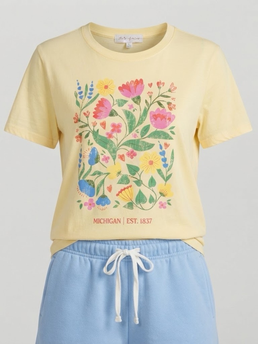 State of Mine Michigan Floral Graphic T Shirt Shorts Set Womens Large L